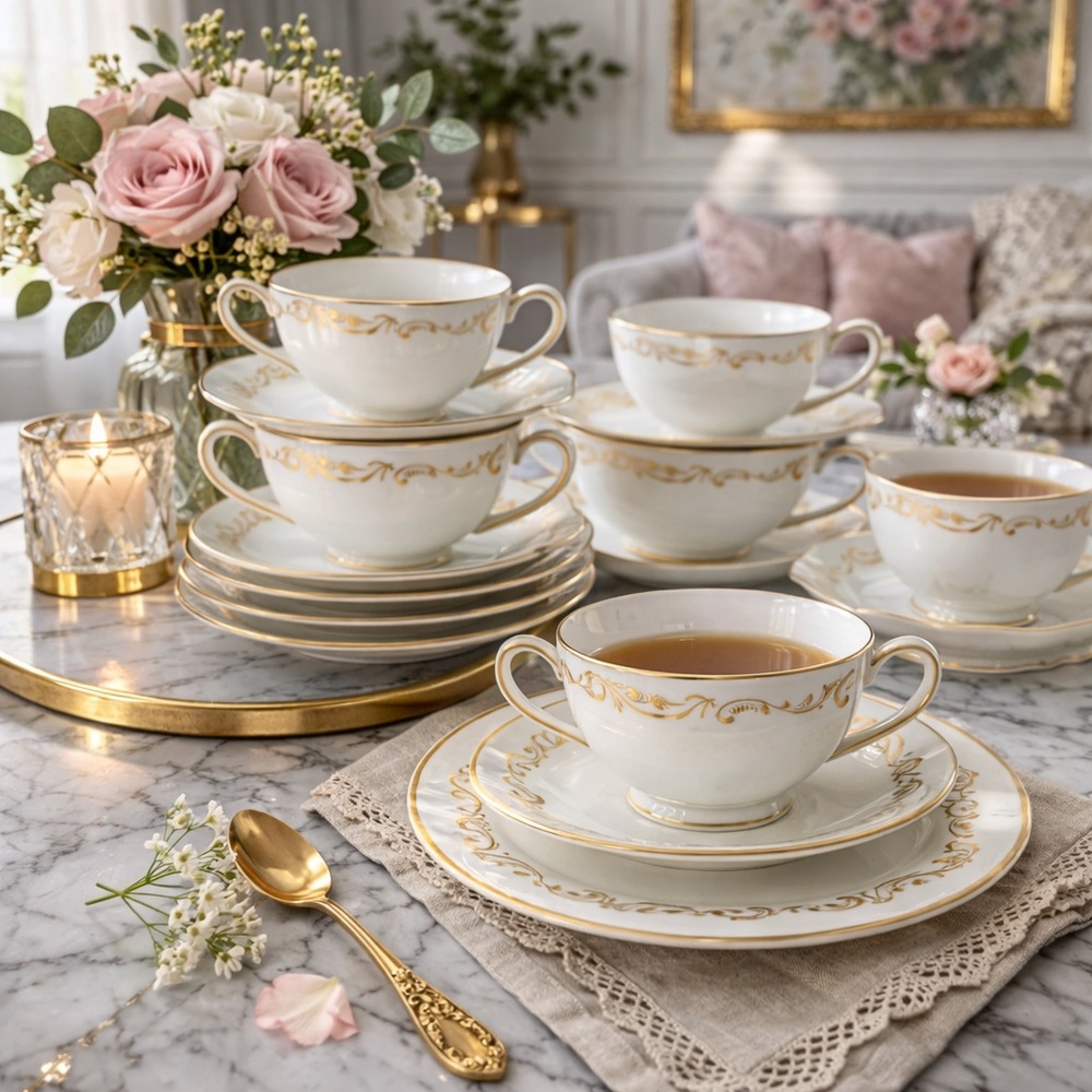 ROYAL STAFFORD Air Canada White/Gold Scroll Cup, Saucer & Plate Set – Set of 6